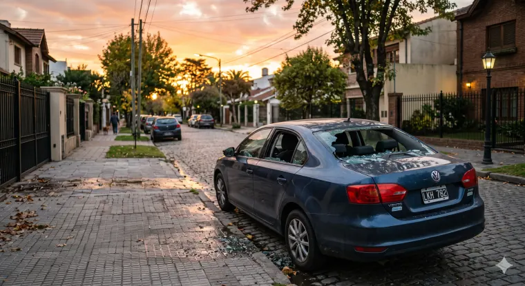 Sedán con la ventanilla rota tras un robo en una calle de Zona Norte