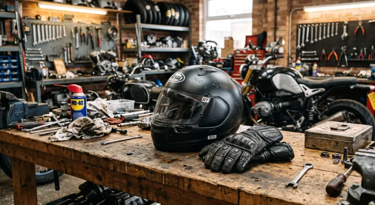Casco de obra y guantes de trabajo sobre una mesa de taller