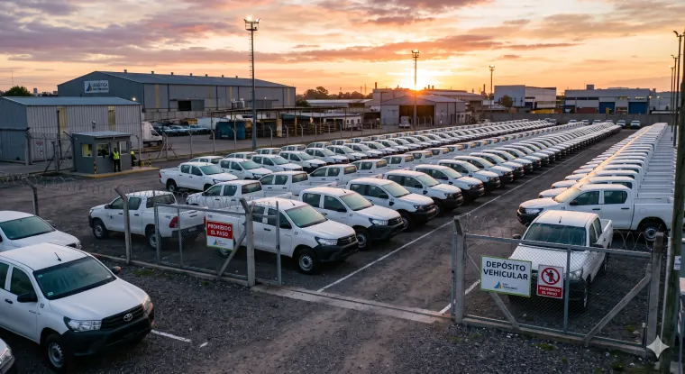 Camionetas comerciales blancas estacionadas en un depósito