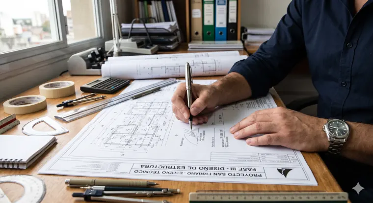 Escritorio de un profesional con planos e instrumentos, revisando documentos