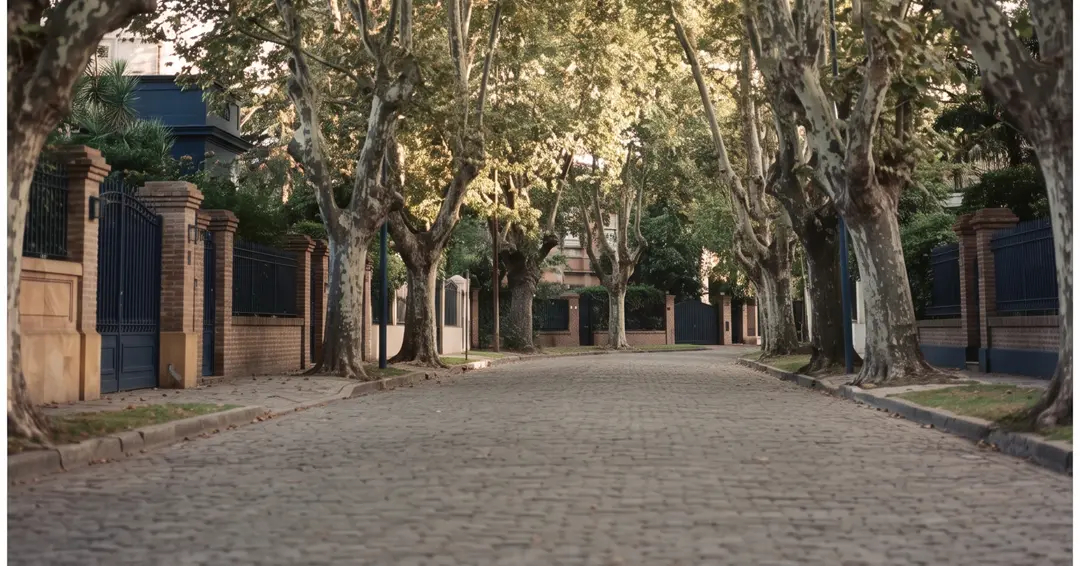 Calle residencial arbolada con plátanos y pavimento de adoquines, típica de la zona norte del Gran Buenos Aires, al atardecer