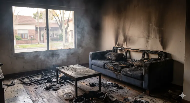Living de una casa con marcas de hollín y humo tras un incendio