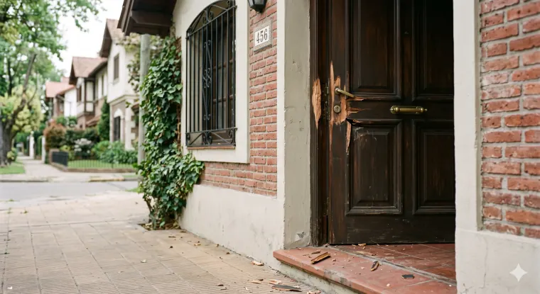 Puerta de entrada forzada con la cerradura dañada